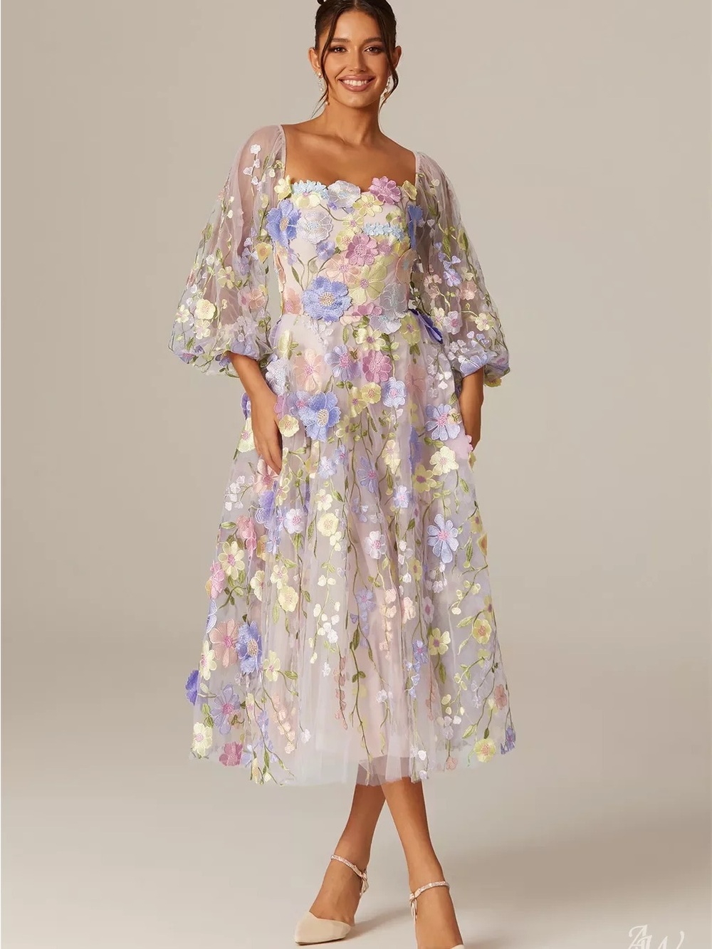 Pastel Floral Embroidered Midi Dress - Lavender AW CATHARINE DRESS